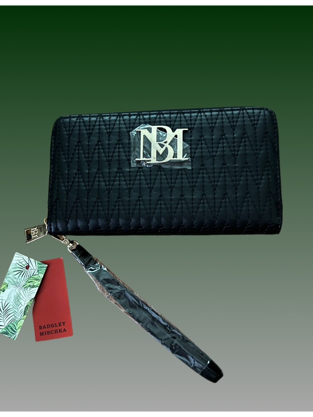 Badgley Mischka Black Quilted Zip-Around Wristlet Wallet with Gold Logo